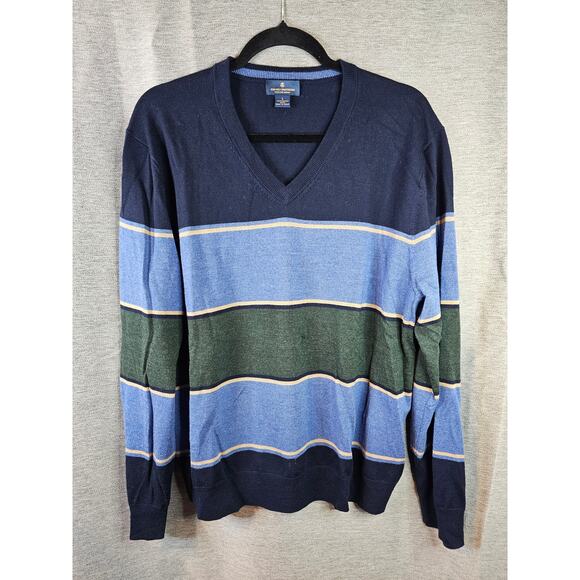 Brooks Brothers 100% Extra Fine Merino Wool V Neck Sweater Sz LG Blue colorblock - Picture 1 of 7
